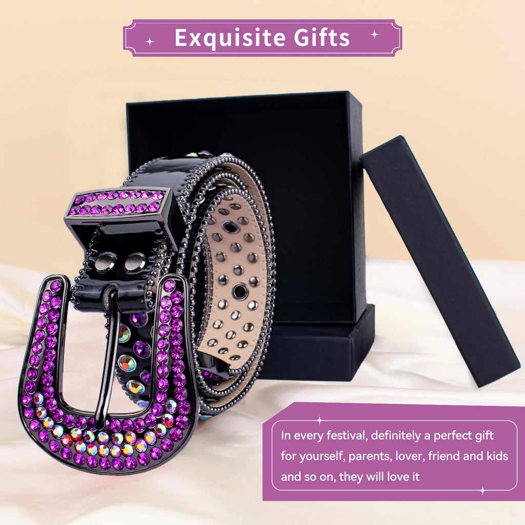TINIDI Luxury Strap Men Women Rhinestones Belt Western Bling Bling Crystal Diamond Studded Belts(Black Purple, Fit Waist 30-32 inches)