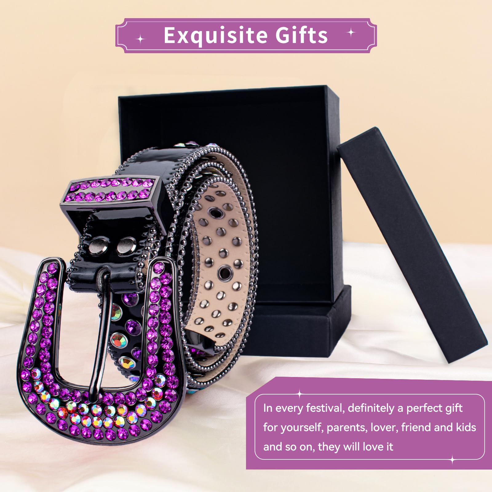 TINIDI Luxury Strap Men Women Rhinestones Belt Western Bling Bling Crystal Diamond Studded Belts(Black Purple, Fit Waist 30-32 inches)