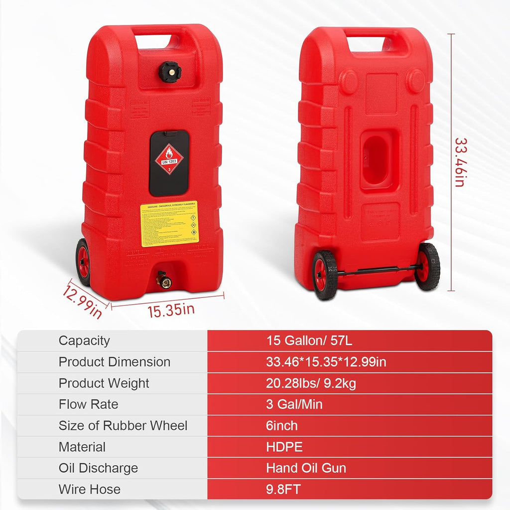 15 Gallon Gas Can, Fuel Tank Container with LE Fluid Transfer Manual Siphon Pump & 10FT Hose, Portable Diesel Gas Storage Caddy with Wheels for Car, ATV, Weeder, Boat, etc., Red