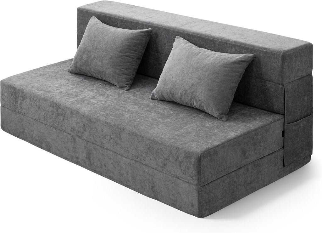 HOMFINE Folding Sofa Bed - Convertible Sleeper Chair with Pillow, Fold Out Couch, Foam Floor Mattress, Futon Couch, Lazy Sofa for Living Room/Dorm/Guest Room/Home Office, Queen, Grey