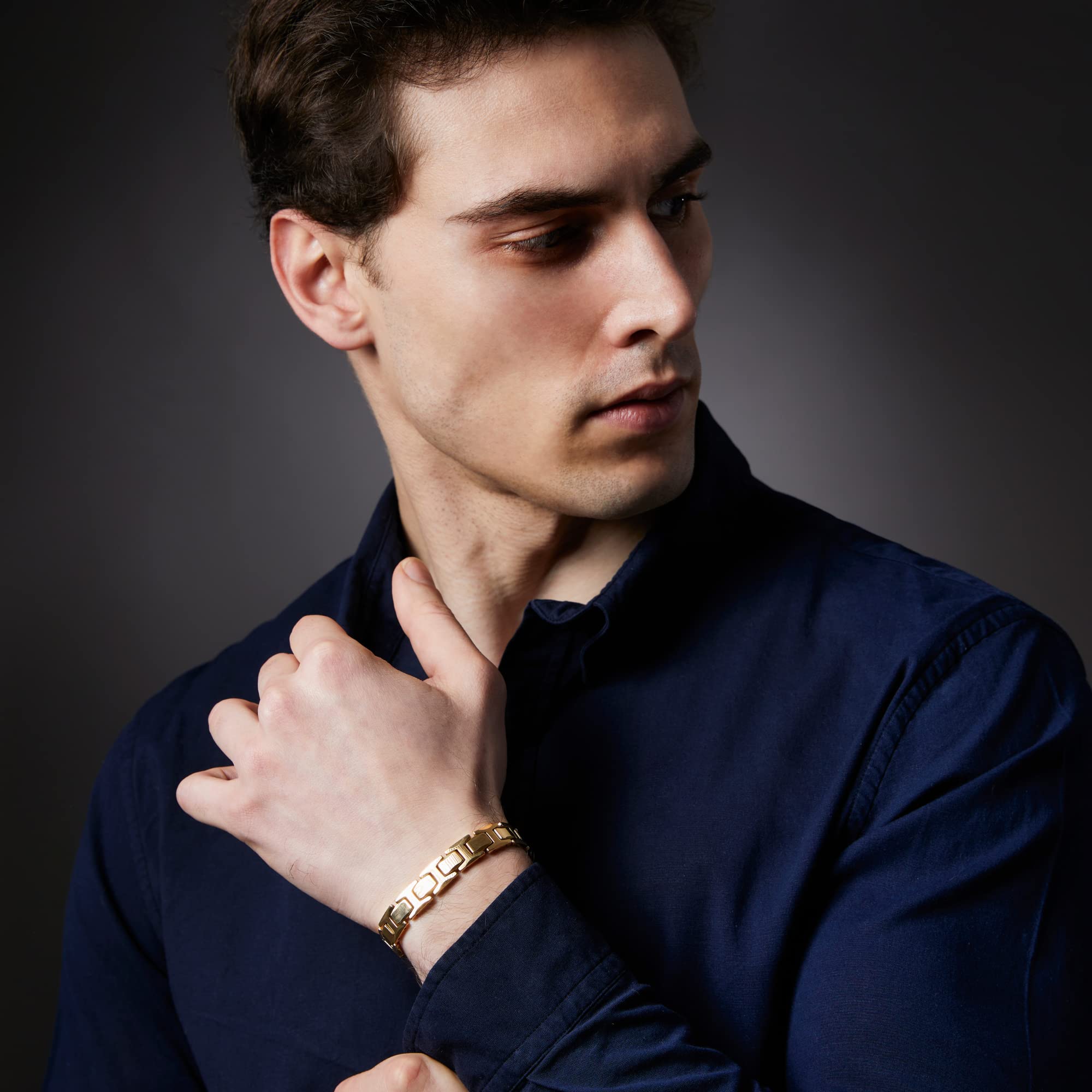 Urban Jewelry Stunning Solid Tungsten Link Bracelet for Men Polished Link, Puzzle, Ceramic Style (Silver, Black, 18K Gold Plated Option)