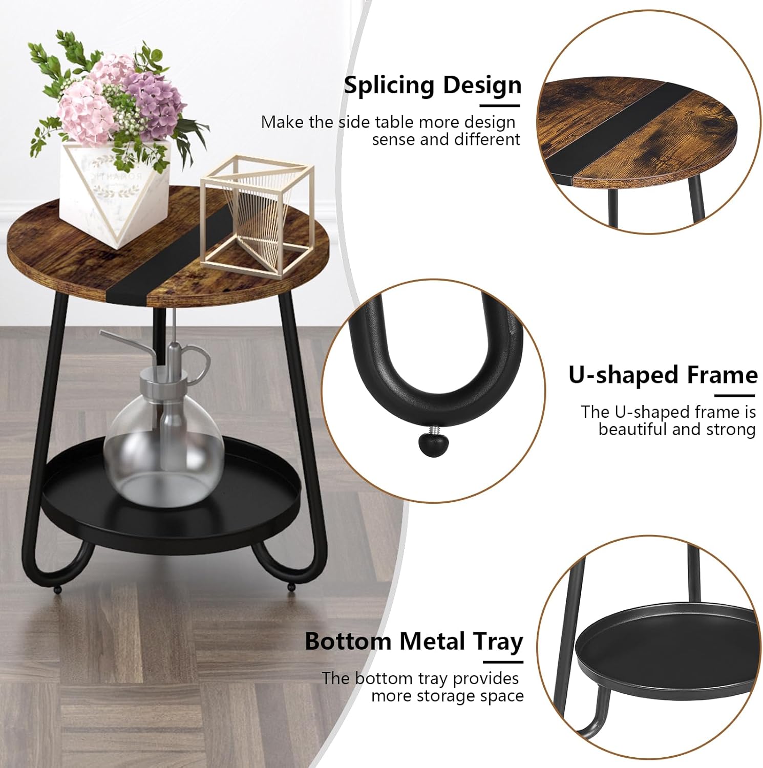 2 Tier Coffee Table in Living Room, Industrial Style Round Coffee Table with Metal Tray, Wood Small Outdoor Coffee Table for Bedroom Balcony Patio, Rustic Brown