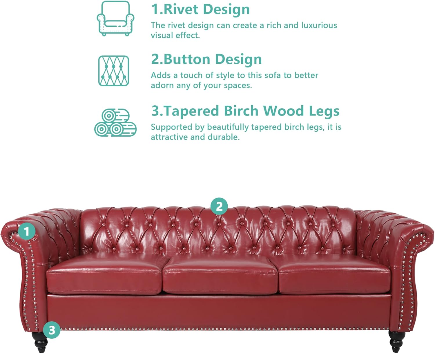 Chesterfield 3 Seater Sofa, Modern Leather Tufted Couch 3 Seater with Rolled Arms and Nailhead Mid-Century Upholstered Couch for Living Room, Bedroom, Apartment and Office, Claret