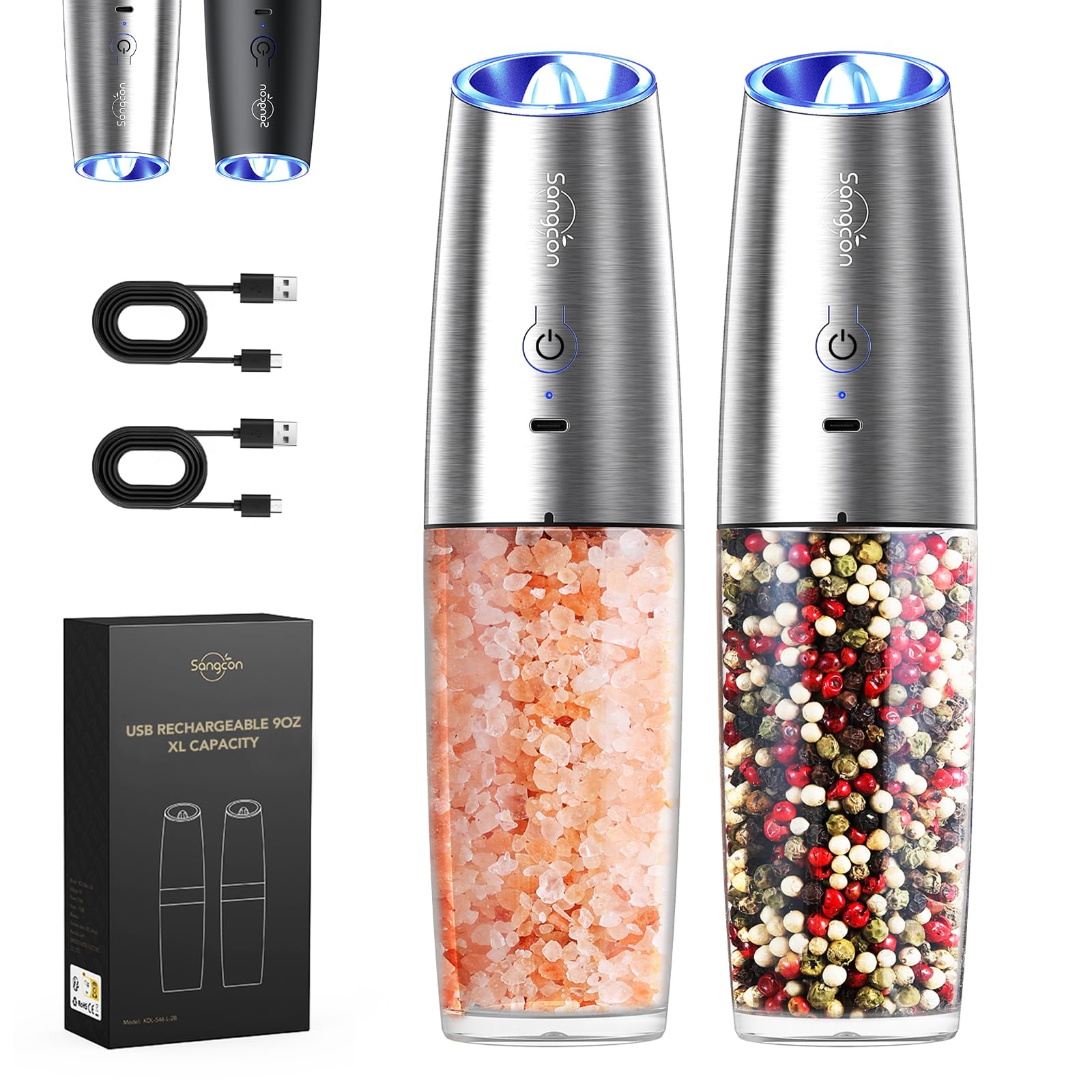 Sangcon Gravity Electric Pepper and Salt Grinder Mill Automatic Shaker Grinder with LED Light, Battery Powered Adjustable Coarseness One Hand Operation, Upgraded Larger Capacity, 1pc