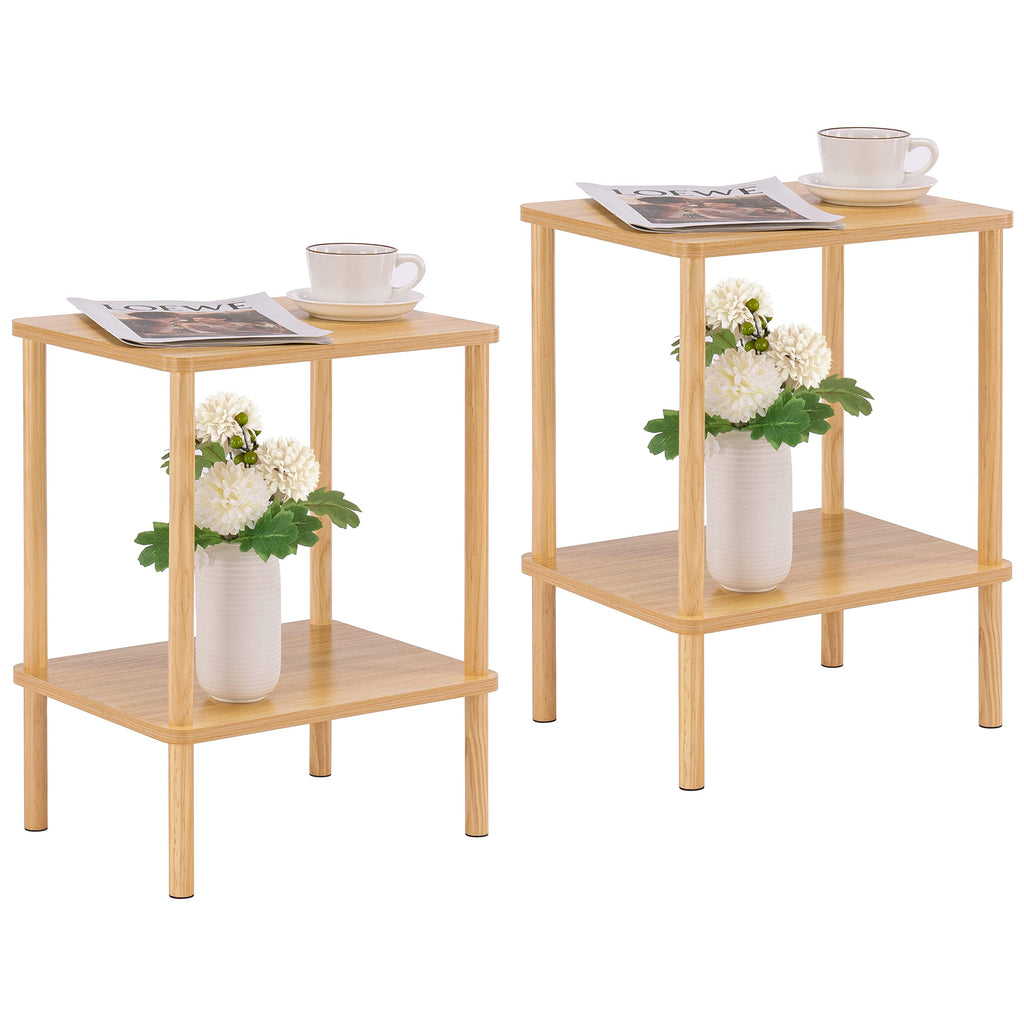 Apicizon 2 Tier End Table, Small Side Table with Solid Wood Legs, Boho Bedside Table with Storage Shelf, Nightstand for Small Spaces, Bedroom, Living Room, Entryway, Farmhouse, Easy Assembly, Natural