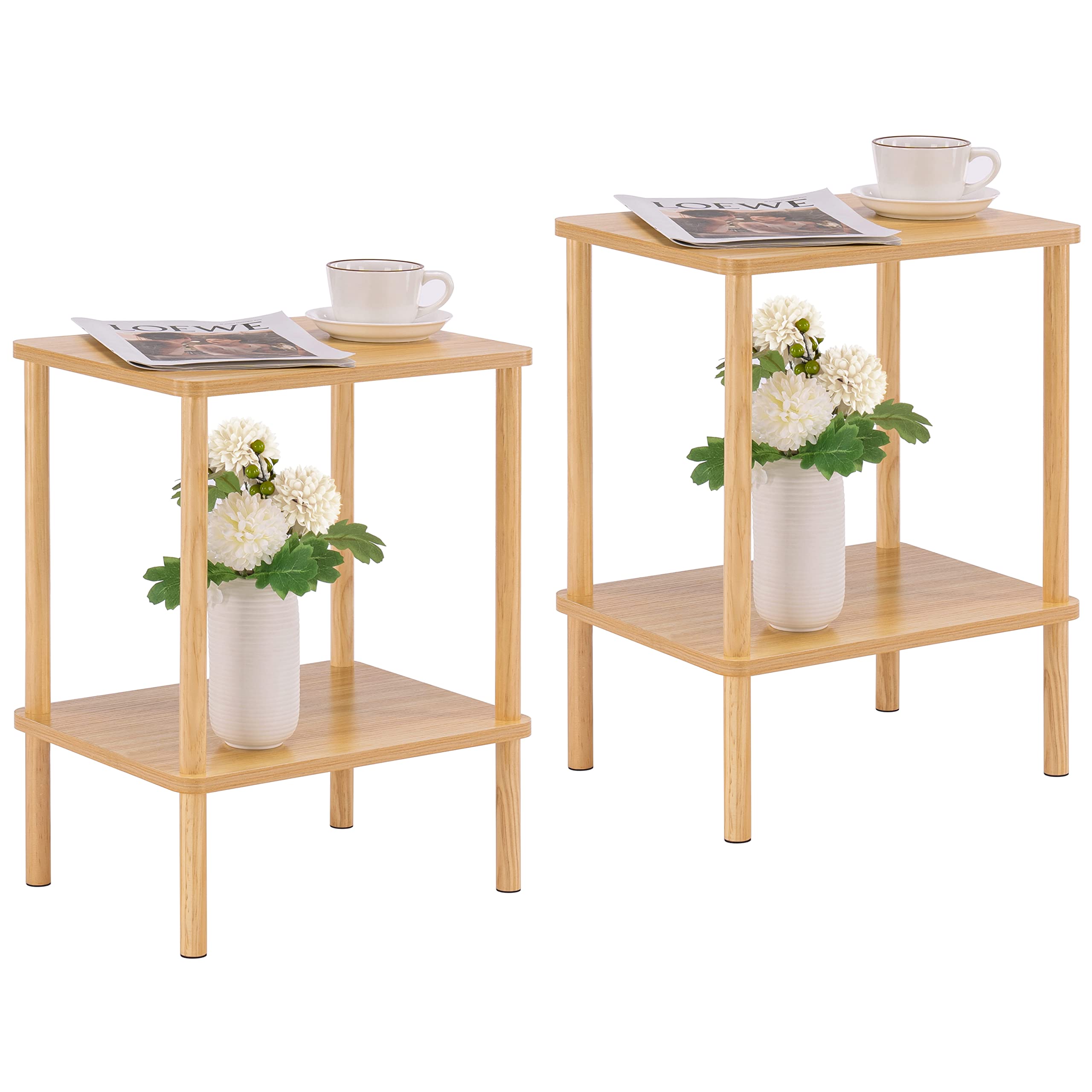 Apicizon 2 Tier End Table, Small Side Table with Solid Wood Legs, Boho Bedside Table with Storage Shelf, Nightstand for Small Spaces, Bedroom, Living Room, Entryway, Farmhouse, Easy Assembly, Natural