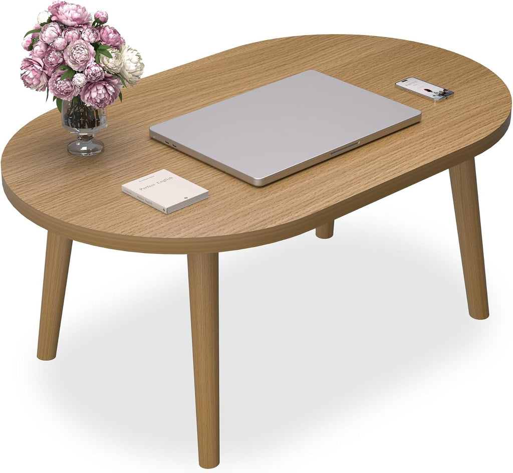 Small Coffee Table for Small Space, Low Table, Floor Table Desk for Sitting on The Floor, Japanese Coffee Table for Living Room, Tatami Tea Tables with Solid Wood Legs, Oval Coffee Tables, Brown