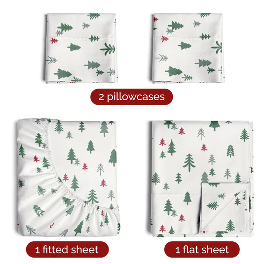 King Christmas Tree Sheet Set - Holiday Xmas Pattern Linen Set - Deep Pockets - Snug Fit - 4 Piece - Wrinkle Free - Comfy & Cooling Festive Winter Bedding - Easy To Care For - Kid Friendly