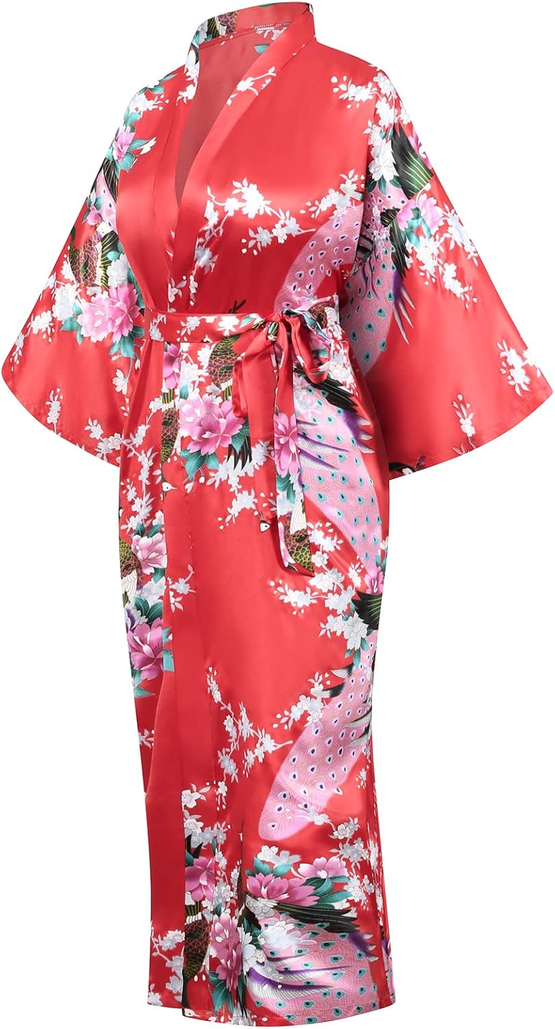 Heone Kimono Satin Peacock Printed Lightweight Cardigan Jacket Coat Yukata Cloak Bathrobe Tops folding Fans Tabi Socks Set