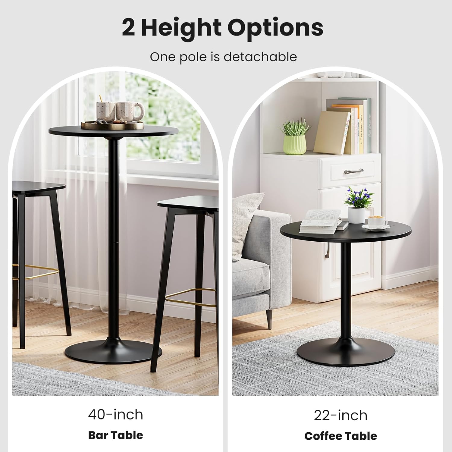 Giantex Two-in-one Bar Table with Detachable Pole, Metal Base, 24" Round Top, 40"/22" Two Convertible Height, Cocktail Table, Coffee Table, Pub Table for Dining Room, Restaurant, Kitchen (1, Black)