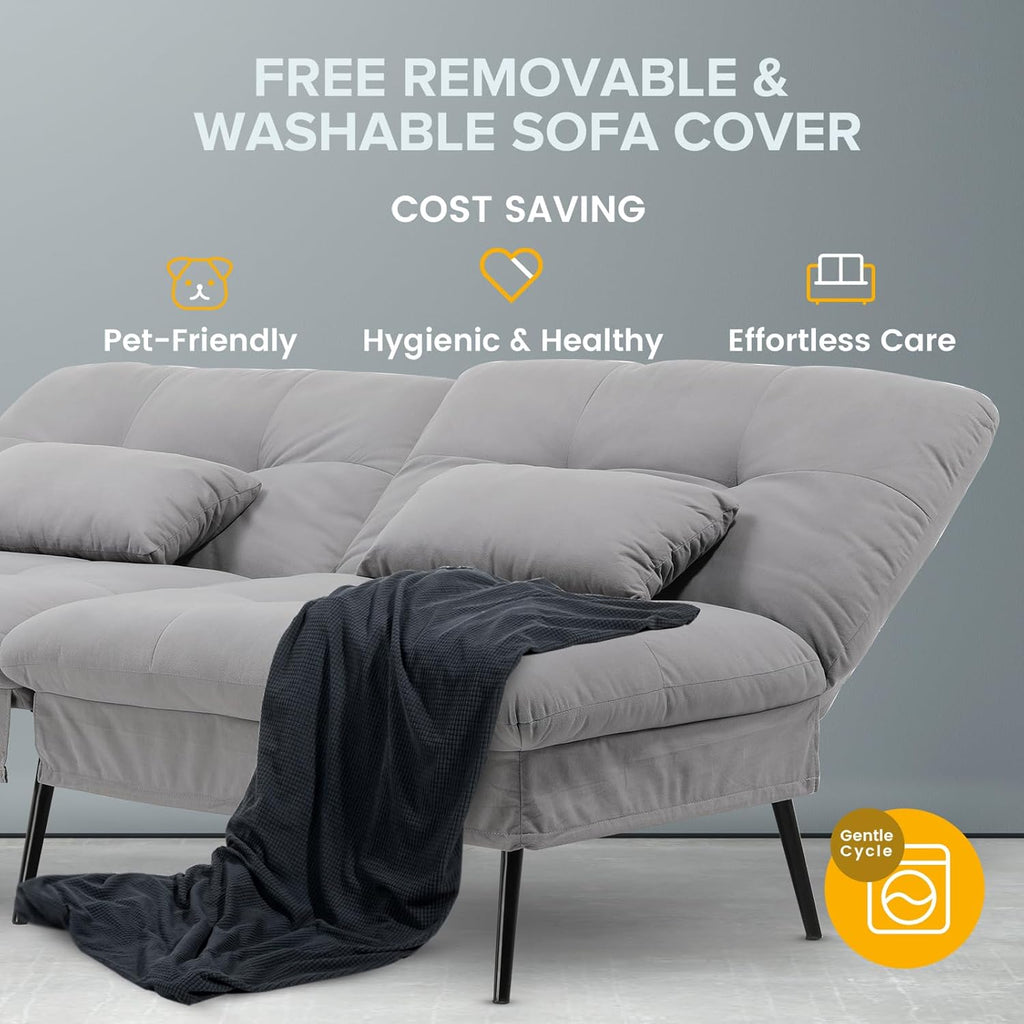 COMHOMA Convertible Futon Sofa Bed, 68″Fabric Futons Couch with Adjustable Backrest, Folding Sleeper Recliner for Living Room Furniture (Grey)