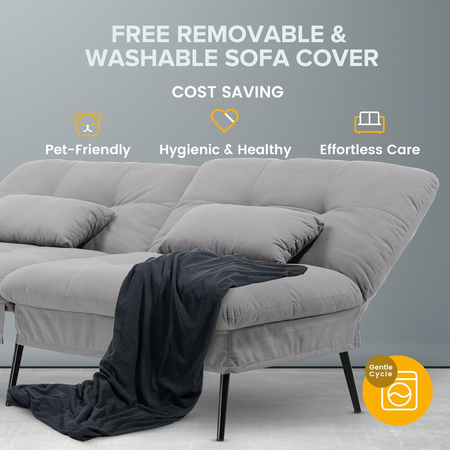 COMHOMA Convertible Futon Sofa Bed, 68″Fabric Futons Couch with Adjustable Backrest, Folding Sleeper Recliner for Living Room Furniture (Grey)