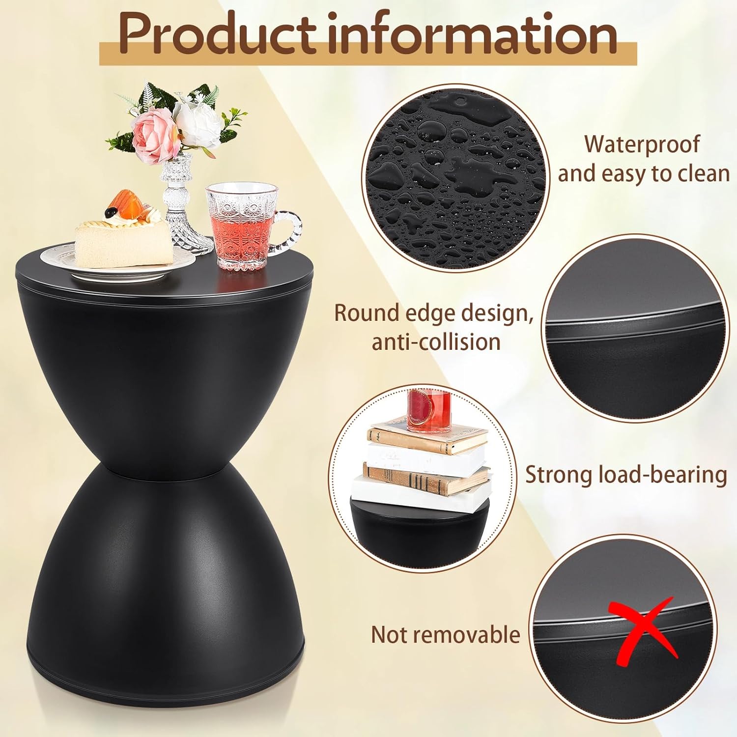 Leinuosen 16.73" H x 11.81" W Small Plastic Black Drum Side Table Plastic Hourglass Modern End Table Round Outdoor Stool Side Table for Coffee Patio Indoor Home Bedroom (Cover Cannot Be Removed)
