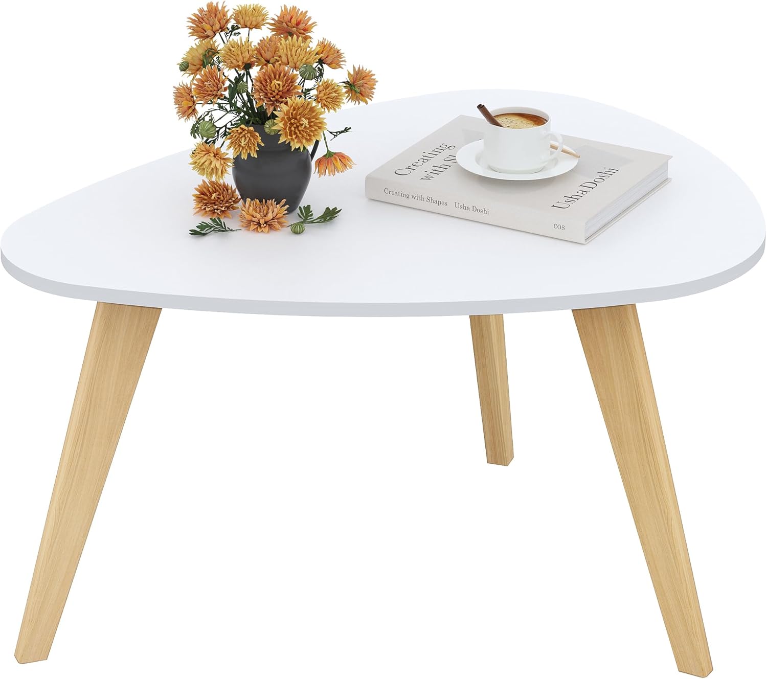 Small Oval Coffee Table,31.5" White Leaf-Shaped Center Table,Mid Century Minimalist Display Coffee Table for Living Room Small Space,Easy Assembly,White LCT50W