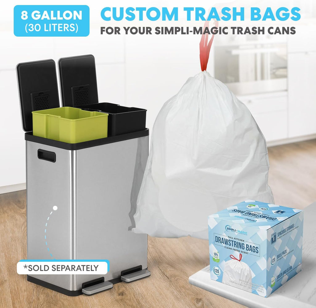 Simpli-Magic 18.5 Gallon (40L x 30L) Dual Compartment Step Trash Can – Kitchen Garbage Can with Waste & Recycling Bins – Slow-Close Lid, Odor Control, Hands-Free, Stainless Steel