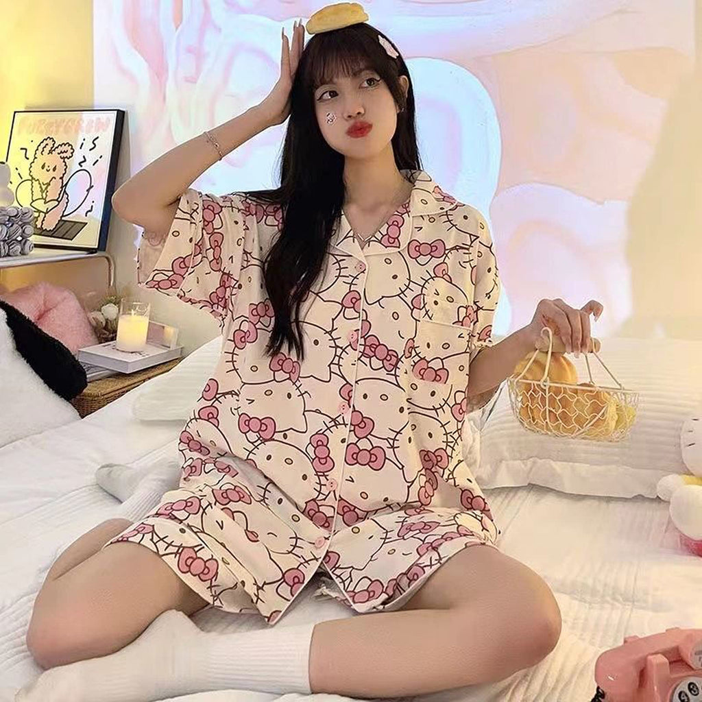 Ocroyea Kawaii Pajamas For Women Short Sleeve Cardigan Pjs Two-Piece Set Cute Cartoon Girls Pajama Leisure Short Sleeve Sleepwear Home Clothes