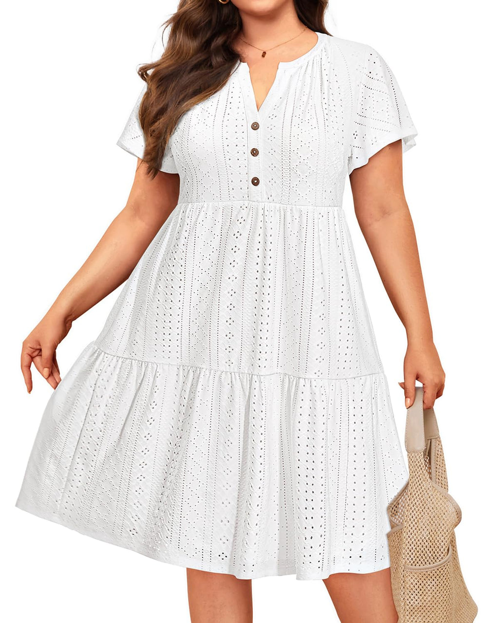 Talisea Plus Size White Dress Eyelet Summer Casual Beach Graduation Short Sleeve Ruffle Tiered Button Boho Sundress Women
