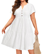 Talisea Plus Size White Dress Eyelet Summer Casual Beach Graduation Short Sleeve Ruffle Tiered Button Boho Sundress Women