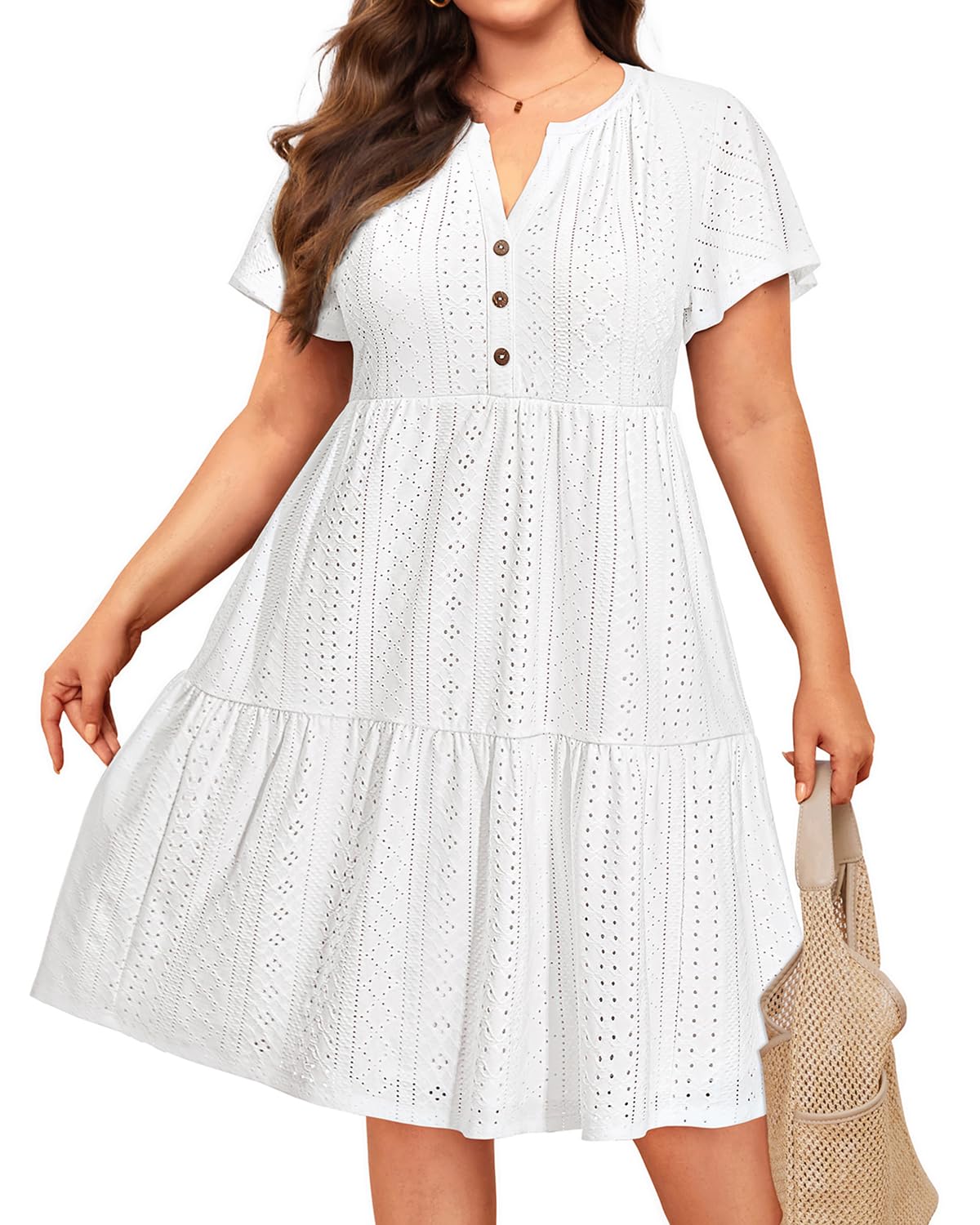 Talisea Plus Size White Dress Eyelet Summer Casual Beach Graduation Short Sleeve Ruffle Tiered Button Boho Sundress Women
