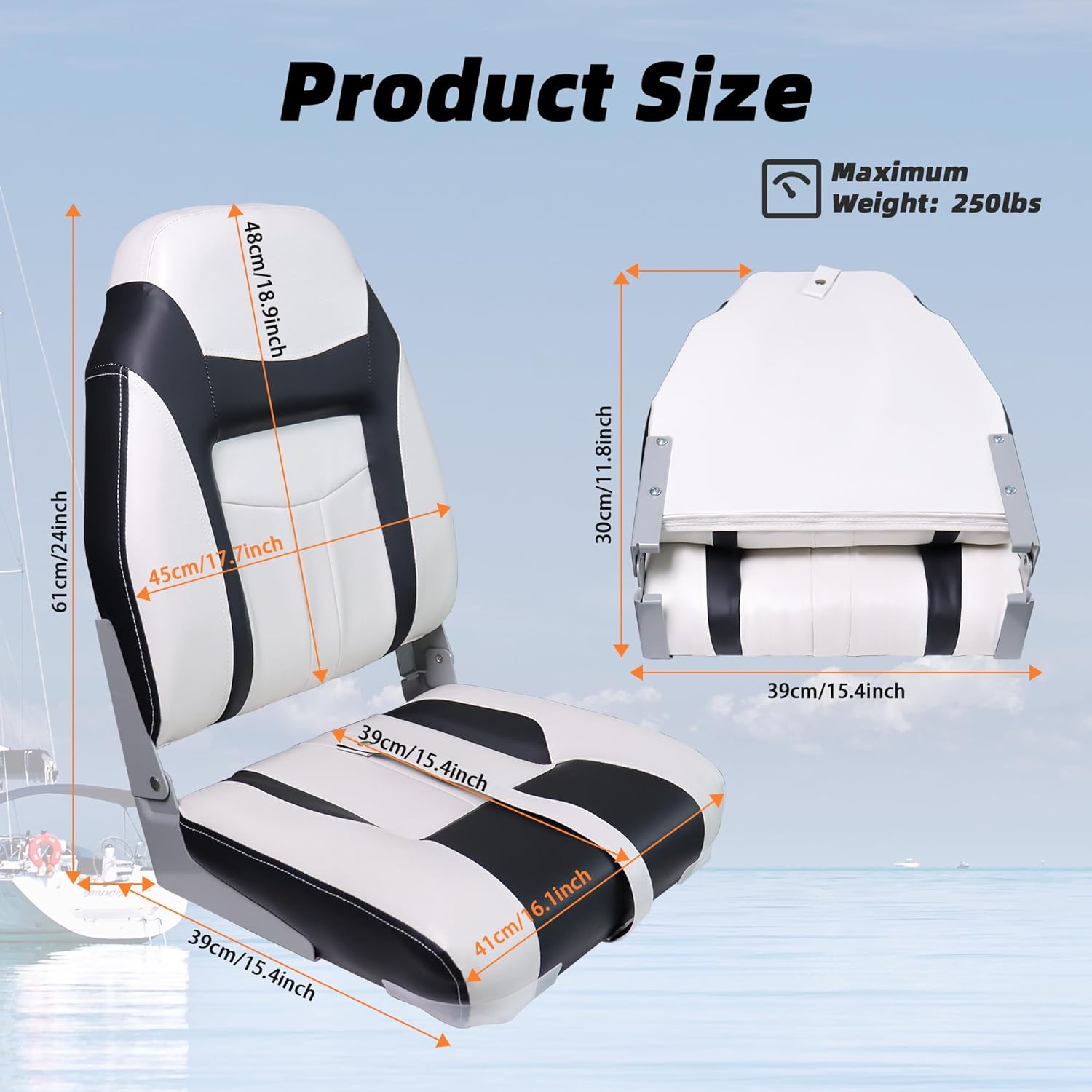 High Back Boat Seats 2 Pack, Folding Fishing Bass Boat Seat, White and Black