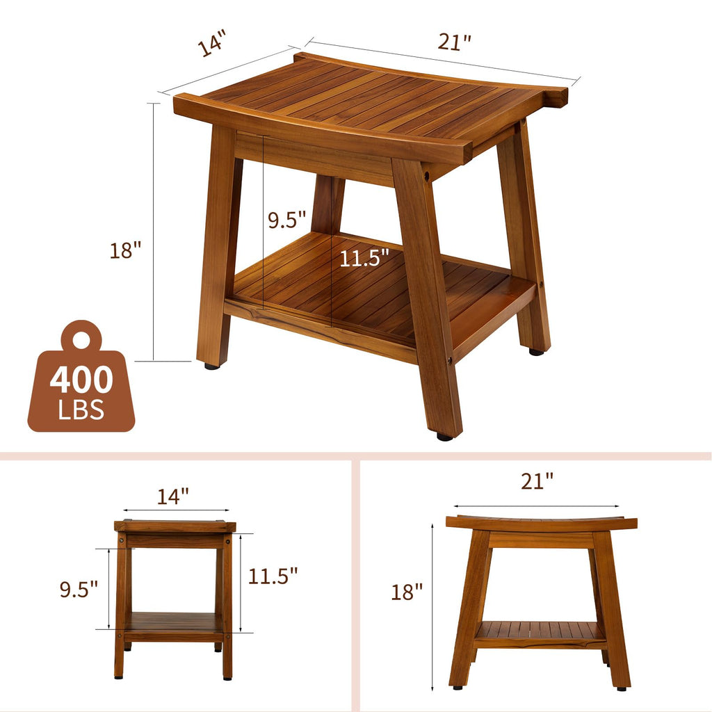 TEAKMAMA 21 Inch Teak Shower Bench with Storage Shelf and Handles, Teak Wood Shower Stool Waterproof Bath Chair for Indoor and Outdoor Use, Bathroom Stools for Adults Sitting