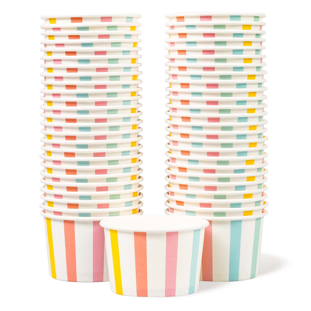 MATICAN Paper Ice Cream Cups, 50-Count 5.5-Oz Disposable Dessert Bowls for Hot or Cold Food, 5.5-Ounce Party Supplies Treat Cups for Sundae, Frozen Yogurt, Soup, Pastel Stripes
