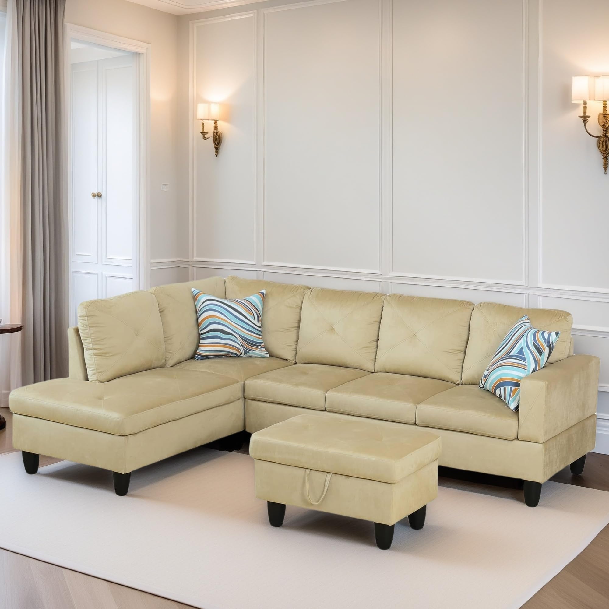 Leather Sectional Couch, Modern L Shaped Couches for Living Room, Comfy 4 Seat Modular Sectional Sofa with Ottoman Storage for Bedroom Apartment, Black