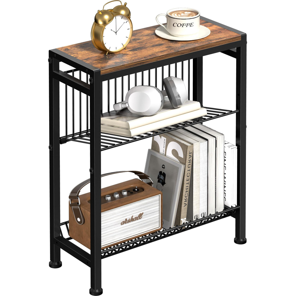 Small Side Table for Small Space, 3-Tier Narrow End Table with Magazine Holder,Slim Nightstand, Skinny Snack Couch Table in Living Room, Bedroom Study and Balcony (Rustic Brown &Black)