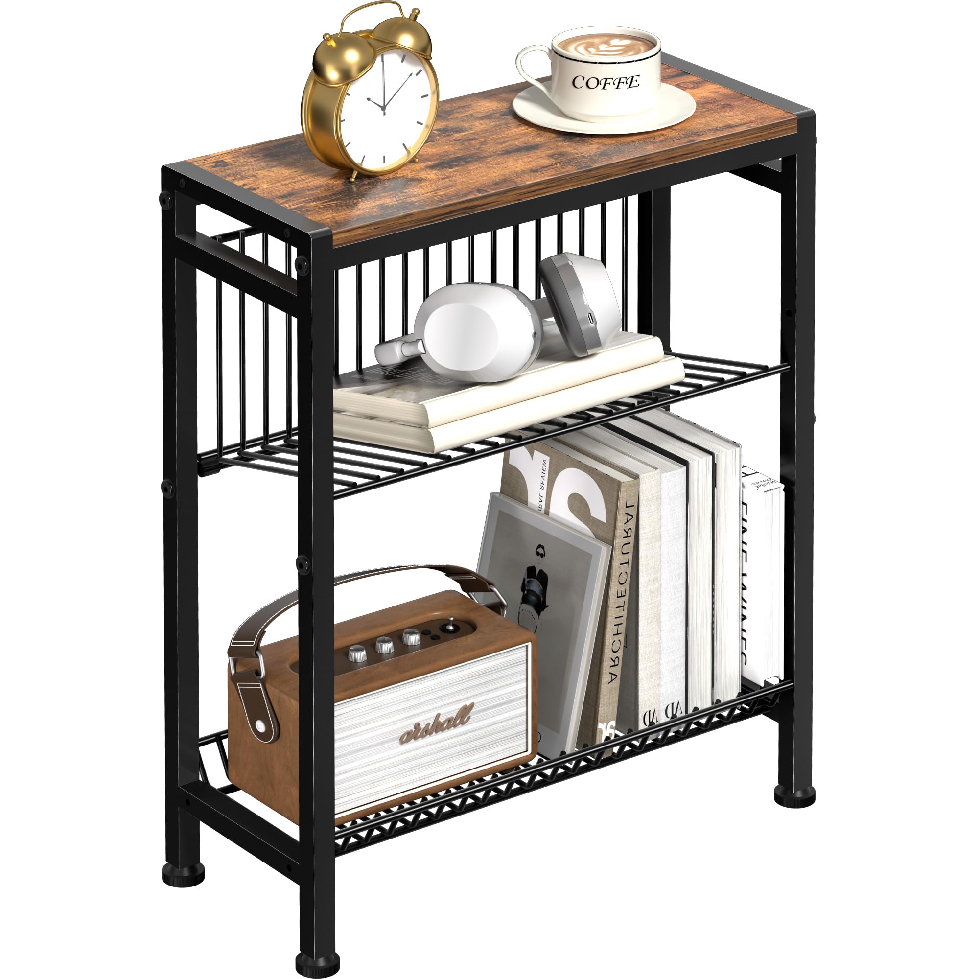 Small Side Table for Small Space, 3-Tier Narrow End Table with Magazine Holder,Slim Nightstand, Skinny Snack Couch Table in Living Room, Bedroom Study and Balcony (Rustic Brown &Black)