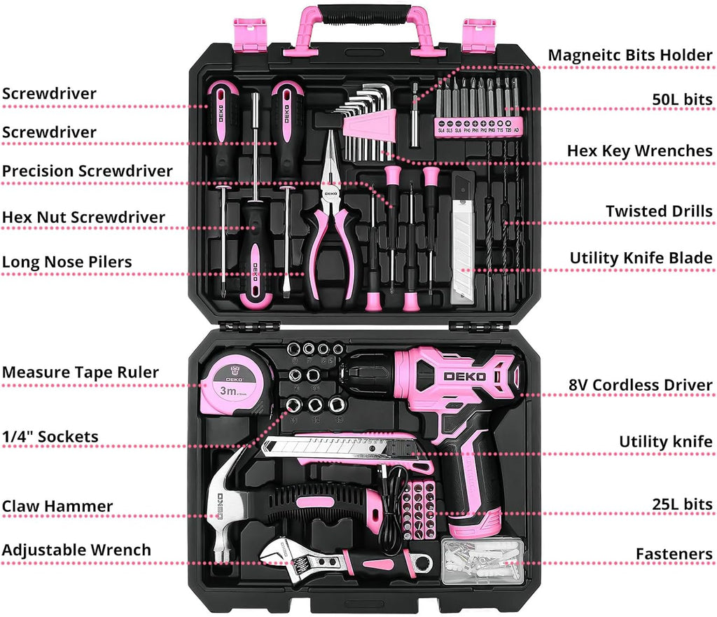 DEKOPRO Drill Set, Home Tool Set with 8V Pink Cordless Drill, Hand Tool Kit for Women, 126 pcs