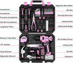 DEKOPRO Drill Set, Home Tool Set with 8V Pink Cordless Drill, Hand Tool Kit for Women, 126 pcs
