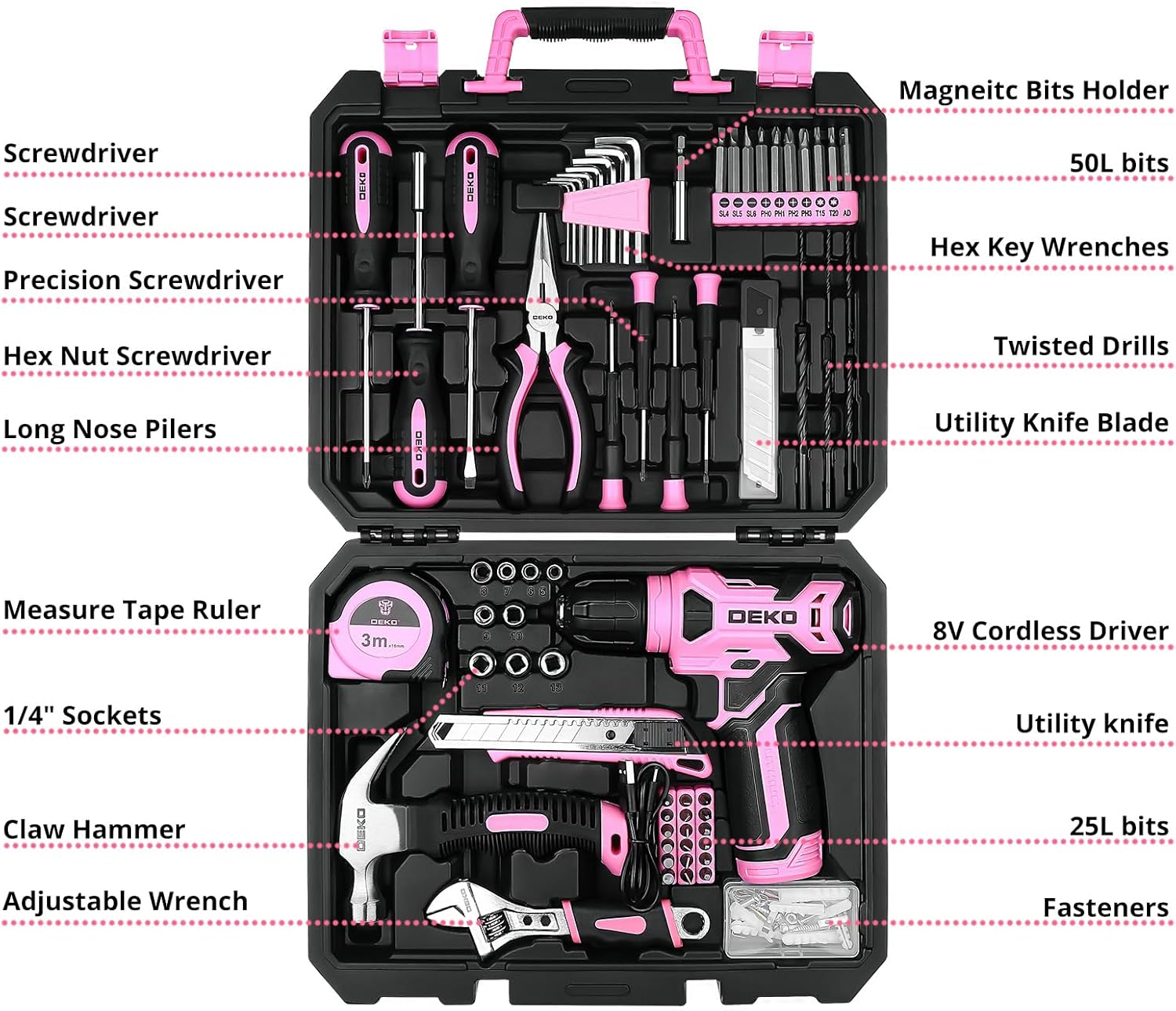 DEKOPRO Drill Set, Home Tool Set with 8V Pink Cordless Drill, Hand Tool Kit for Women, 126 pcs