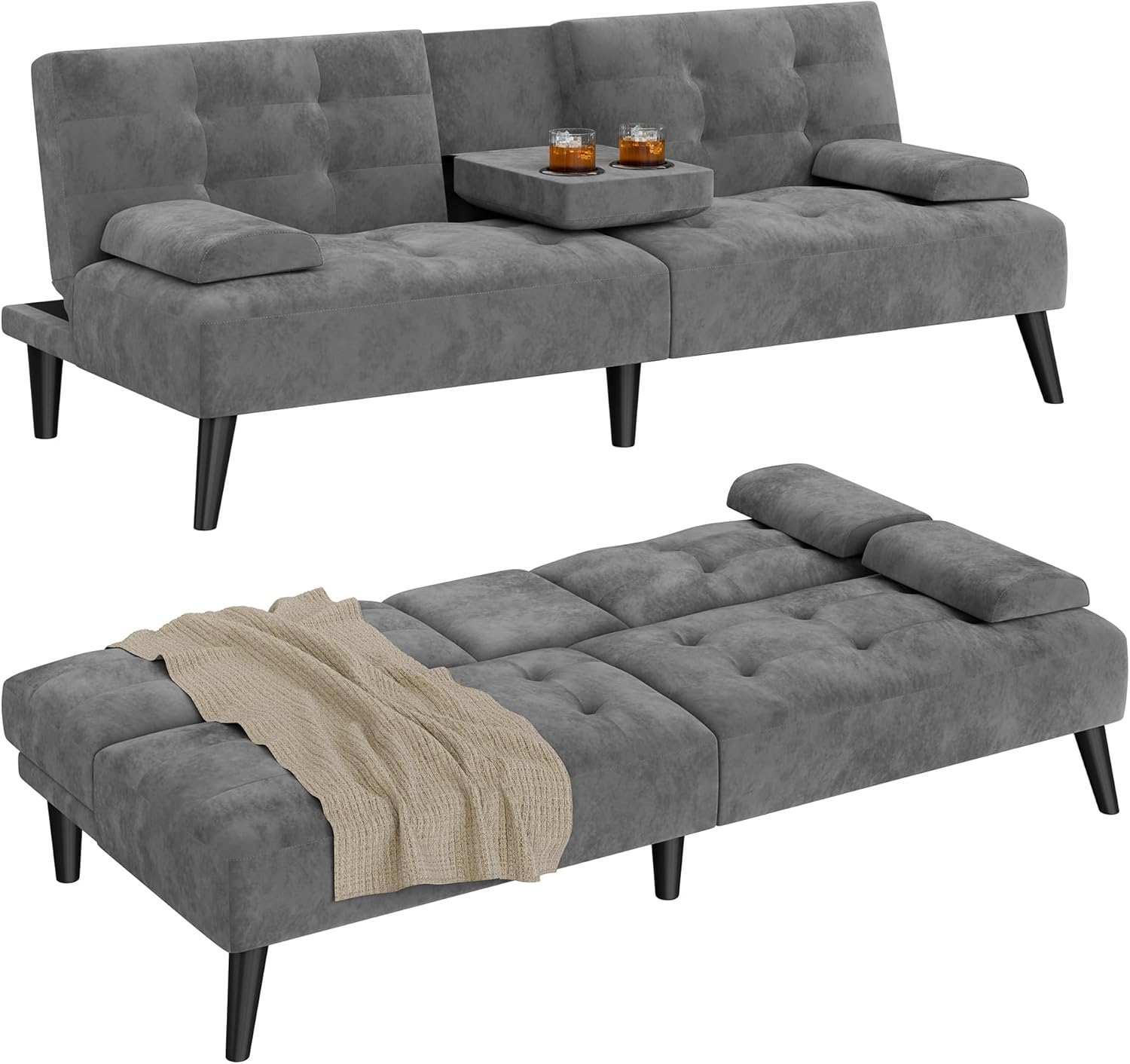 Shintenchi Futon Sofa Bed, Velvet Foldable Couch Reclining Sleeper w/Removable Armrests, Upholstered Loveseat w/Folding Cup Holders for Home, Office, Dark Gray