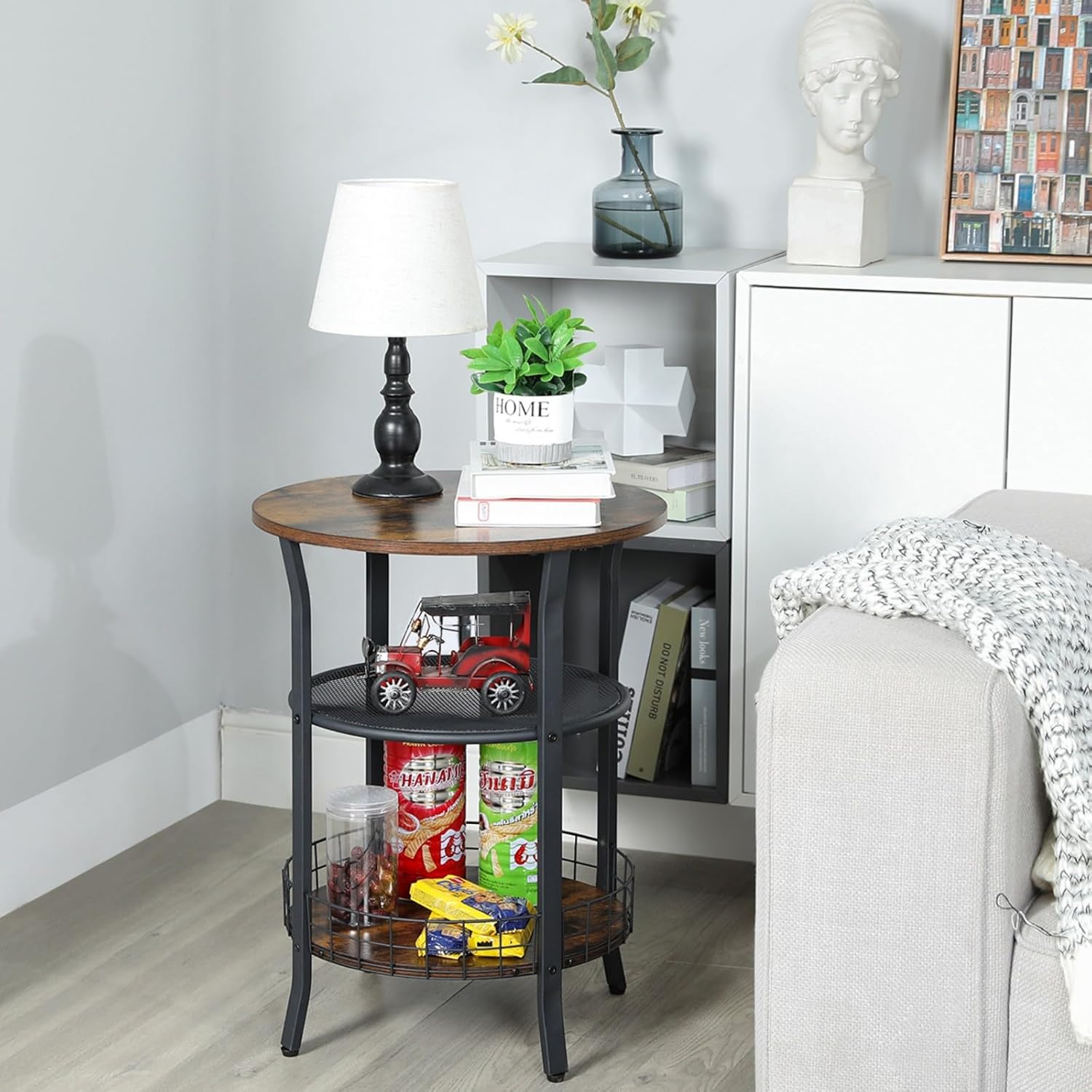 X-cosrack Round Side Table, Industrial Retro End Table with Storage,Coffee Snack Table for Living Room, Bedroom,Kitchen,Office,Stable Wood and Metal Frame,Rustic Brown