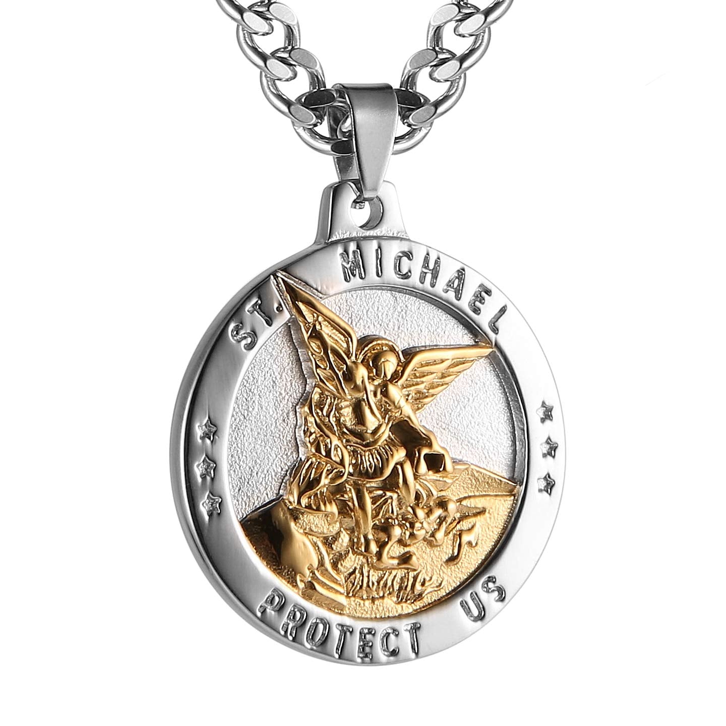 HZMAN St Michael The Archangel Catholic Medal Stainless Steel Amulet Pendant Necklace 22+2" Rolo Curb Chain
