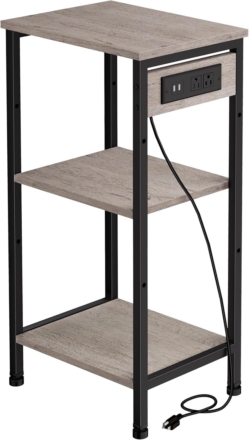 Tall End Table with Charging Station, 3 Tier Narrow Beside Table with Adjustable Shelf, Tall Side Table Nightstand for Bedroom, Living Room Coffe Table, Office, Greige