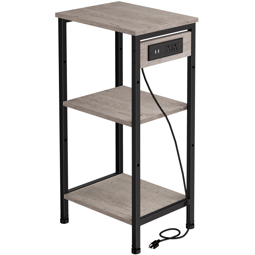 Tall End Table with Charging Station, 3 Tier Narrow Tall Nightstand with Storage, Slim Side Table with USB Ports and Outlets for Bedroom, Living Room, Office, Rustic Brown and Black