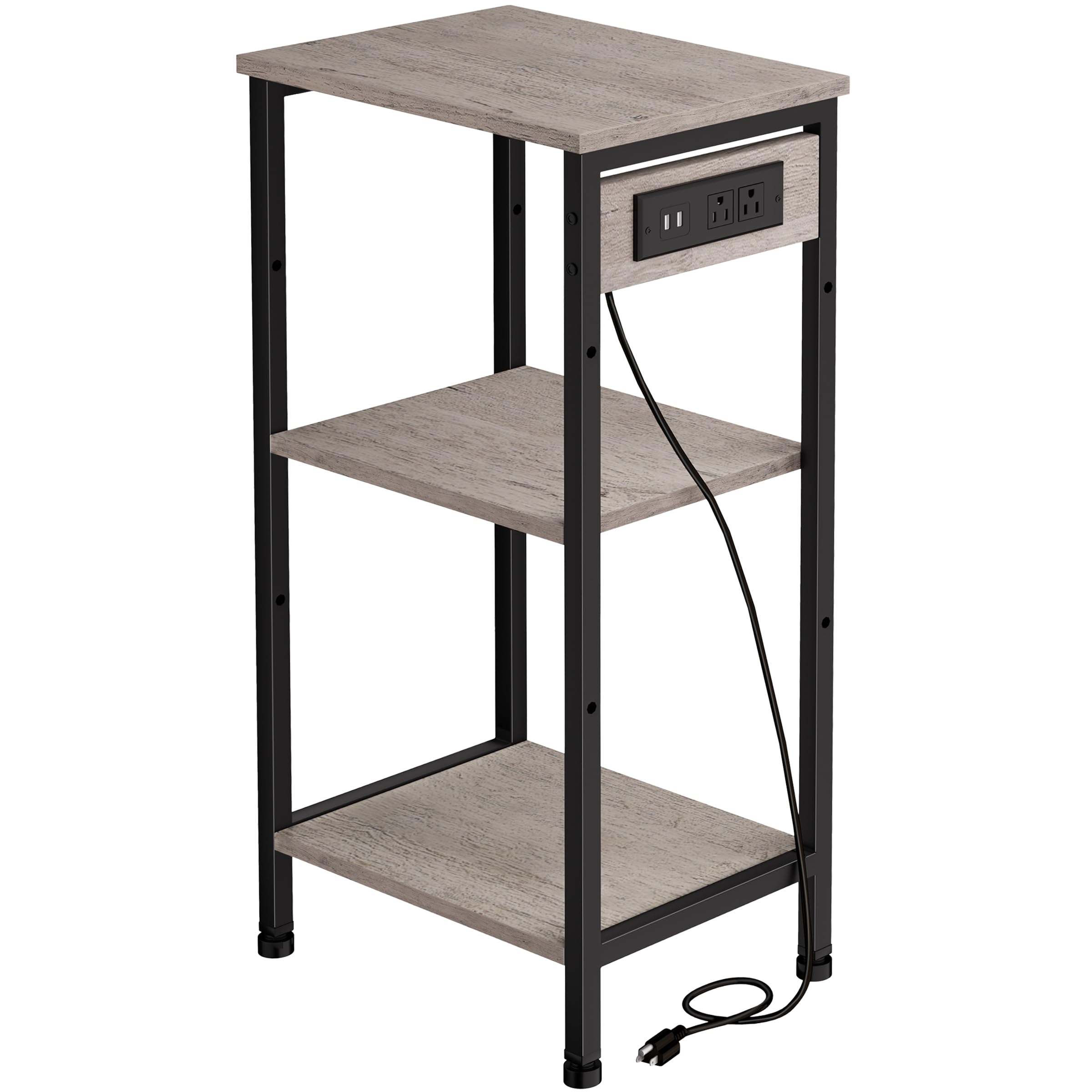 Tall End Table with Charging Station, 3 Tier Narrow Tall Nightstand with Storage, Slim Side Table with USB Ports and Outlets for Bedroom, Living Room, Office, Rustic Brown and Black