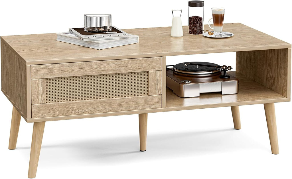Wood Coffee Table with Storage, Boho Dining Table with Sliding Rattan Door Panel and Solid Wood Legs, Small Coffee Tables for Living Room, Oak (Oak_LSJ008)