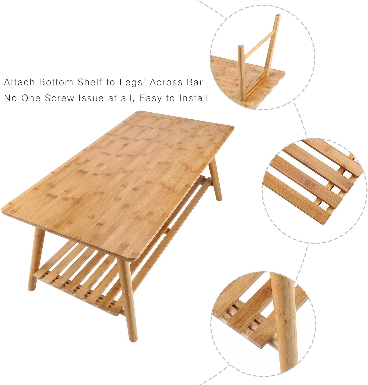 Nnewvante Coffee Table Foldable Bamboo Mid Century Desk TV Stand with Open Storage Shelf Center Table for Living Room Furniture RV No Assembly