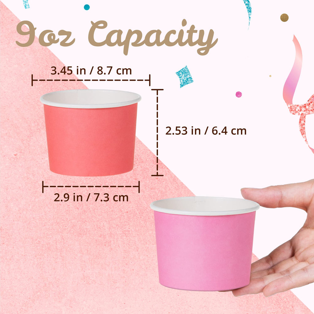MATICAN Paper Ice Cream Cups, 100-Pack 9-oz Disposable Dessert Bowls for Hot and Cold, 9-ounce, Hot Pink, Baby Pink, Mint, Yellow, Blue