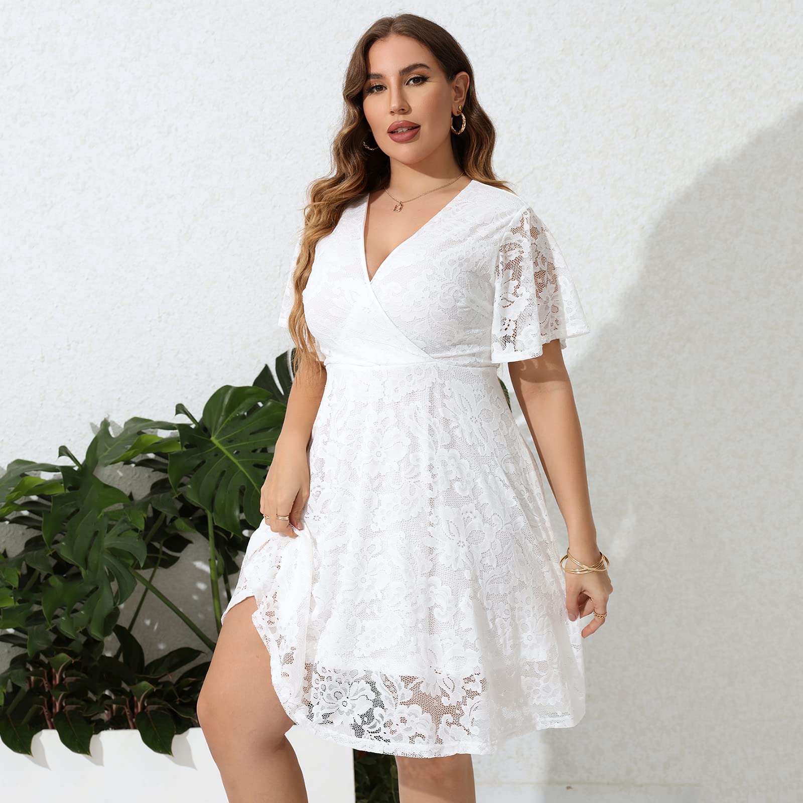 پیراهن‌های کوکتل گیپور سایز بزرگ زنانه SCOMCHIC، تابستانی، یقه هفت، آستین کوتاه، مدل A خطی، مناسب مهمان عروسی، میدی، سفید