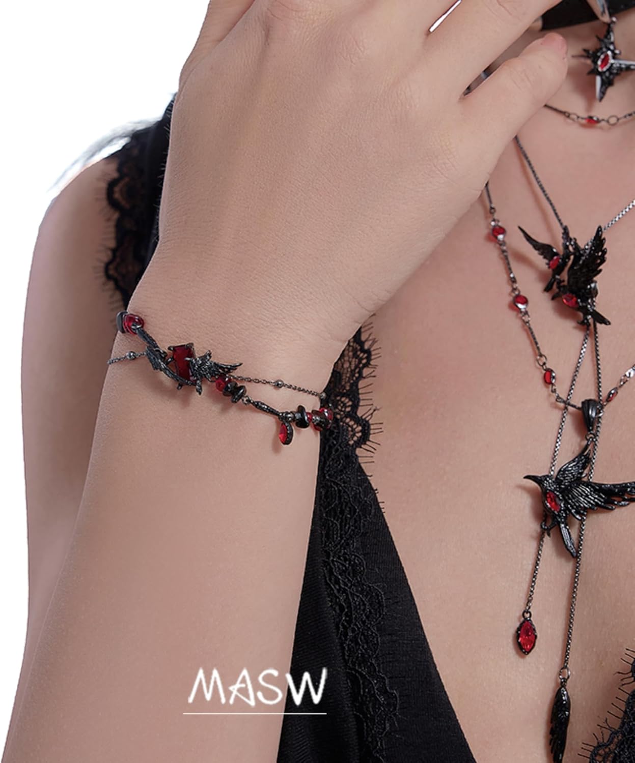 original design hip hop style Red beaded bracelet Gothic Black Crow bracelet Ladies Holiday party gift M3363