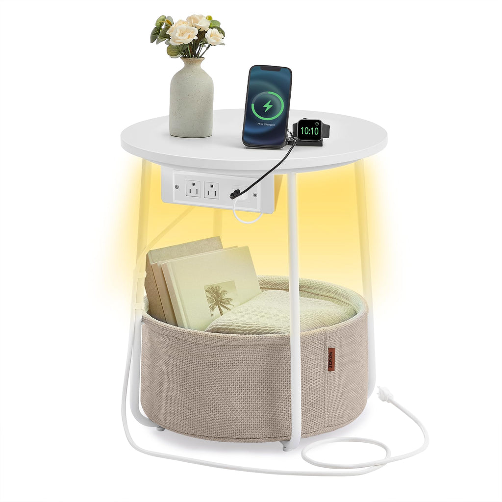 VASAGLE Side Table with Charging Station, Round End Table with Fabric Basket, Nightstand with Power Outlets, USB Ports, for Living Room, Bedroom, Modern, Matte White and Camel Brown ULET228W01