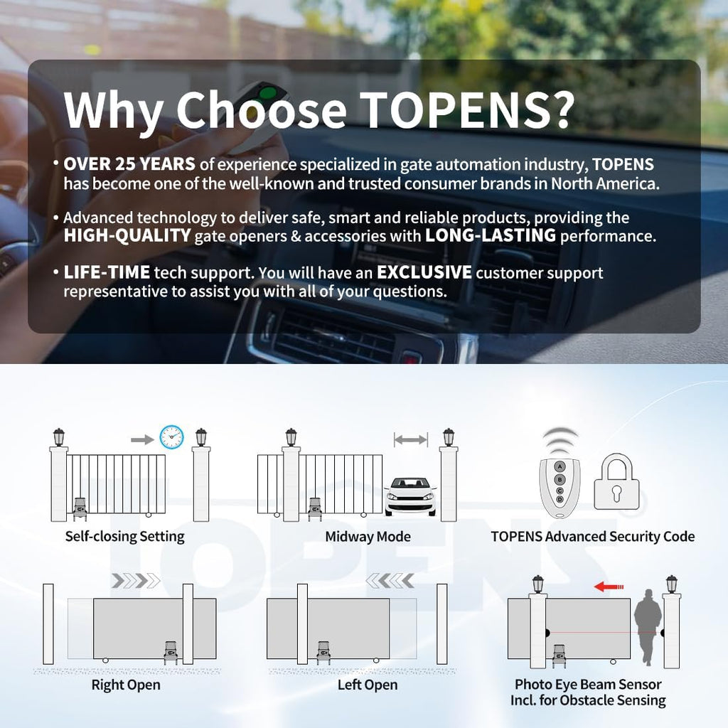TOPENS CK2500 Automatic Sliding Gate Opener Chain Drive Electric Gate Motor for Heavy Driveway Slide Gate Up to 5700 Pounds Security Gate Operator AC Powered with 20ft Roller Chain and Remote Control