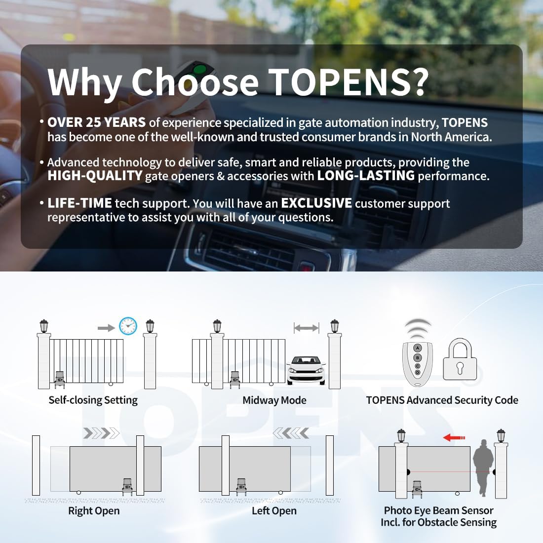 TOPENS CK2500 Automatic Sliding Gate Opener Chain Drive Electric Gate Motor for Heavy Driveway Slide Gate Up to 5700 Pounds Security Gate Operator AC Powered with 20ft Roller Chain and Remote Control
