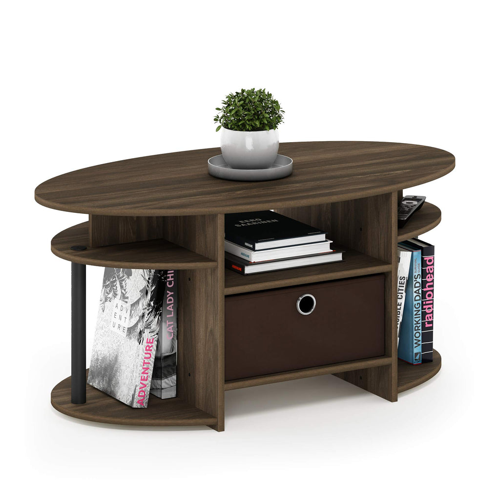 Furinno Jaya Simple Design Oval Coffee Table with Bin for Living Room, Walnut