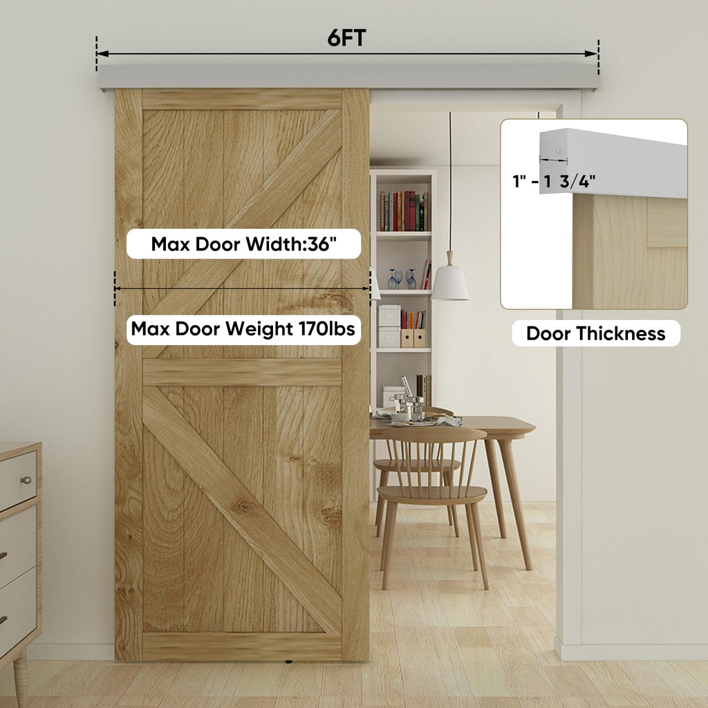 JUBEST 6FT Barn Door Sliding Hardware Track Kit, Aluminium Alloy Box Rail Hardware for Classic Modern Interior Single Wooden Door,Low Clearance