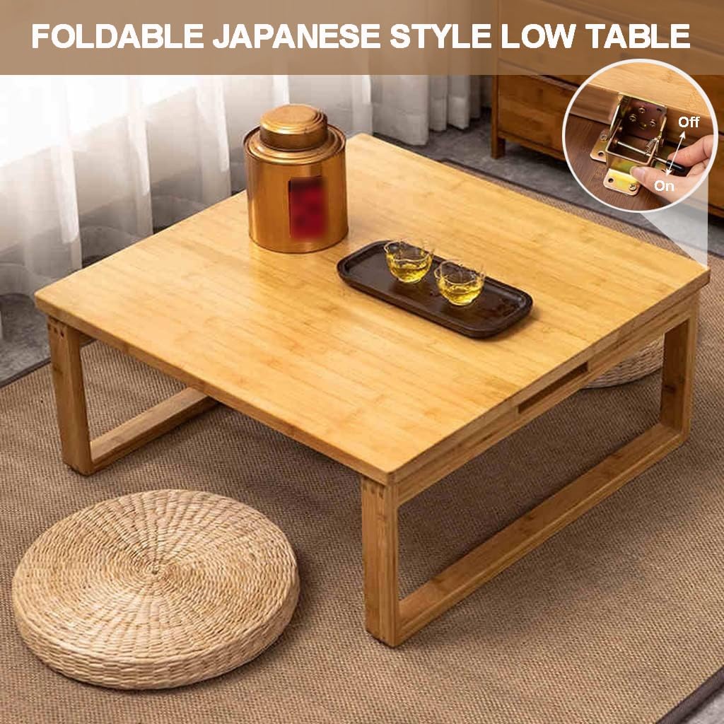 Foldable Low Table Bamboo Japanese-Style Coffee Table Square Tea Table Household Kang Small Dining Table Kids Art Meditation Table, for Tatami Bedroom Bay Window (Size:23.6 * 23.6 * 10.2in)