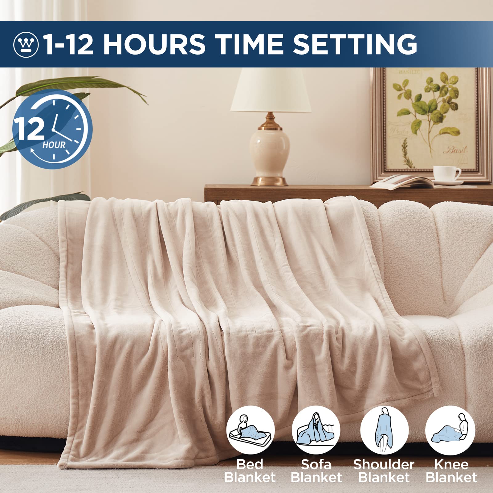 Manta eléctrica Westinghouse tamaño Queen, franela súper suave y acogedora 84" x 90" manta calefactable con 10 niveles de calentamiento rápido y apagado automático de 1-12 horas, lavable a máquina, certificación ETL y FCC, beige